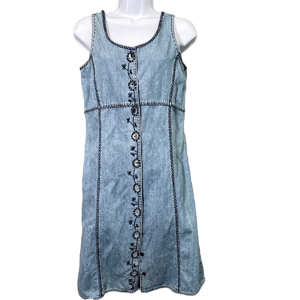 J. Jill Dress Womens XS Blue Out of the Blue Denim Jumper Floral Embroidered 90s